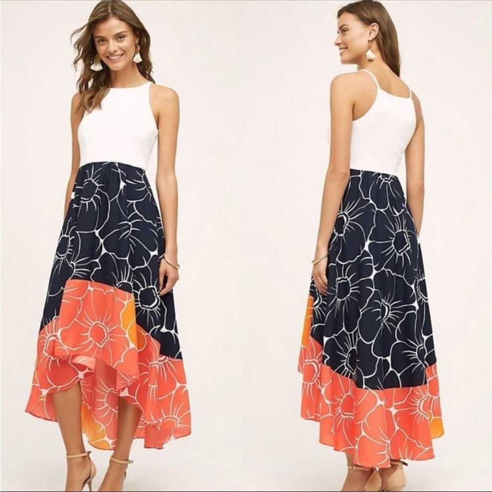 Anthropologie Hutch Peachy High-low Midi Dress Navy Orange & White Size XS